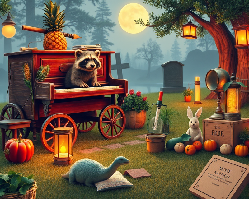 wagon, pinecone, raccoon, piano, pineapple, bucket, monkey, sword, mickey mouse, rabbit, dinosaur, corn, lantern, cushion, bottle, bell pepper, anteater, box, lake, car, tombstone